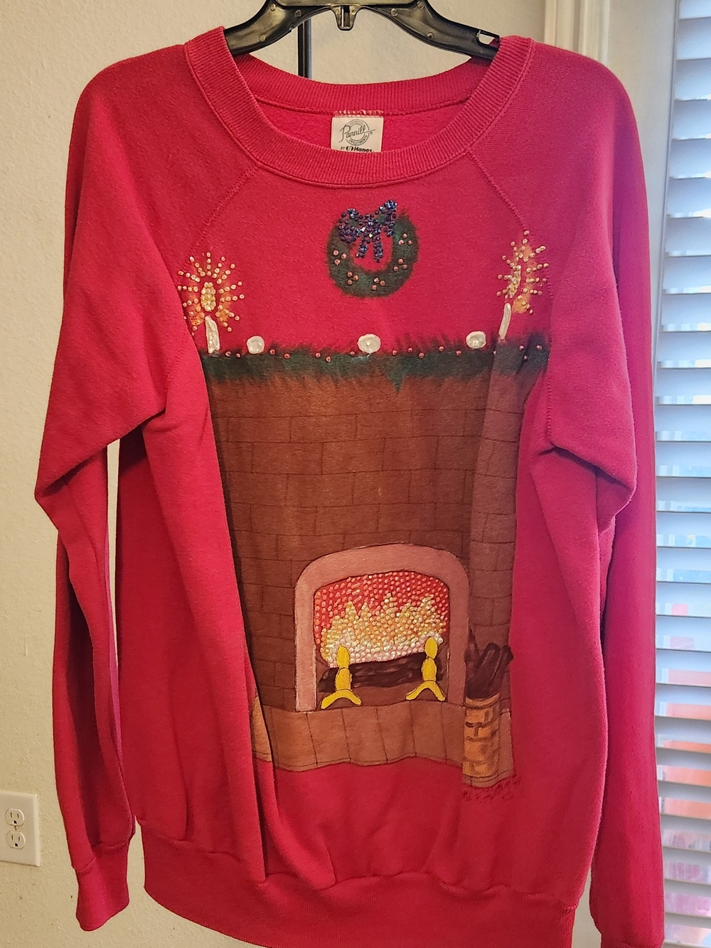 Hanes Red Crewneck Sweater with Fireplace & Wreath Motif